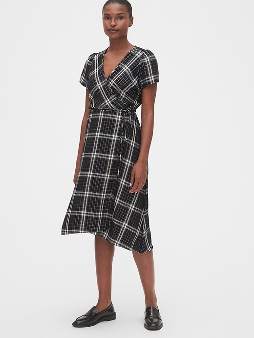1 of 8 showing, with the color black plaid of product Shimmer Plaid Midi Wrap Dress
