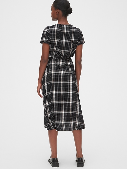 2 of 8 showing, with the color black plaid of product Shimmer Plaid Midi Wrap Dress