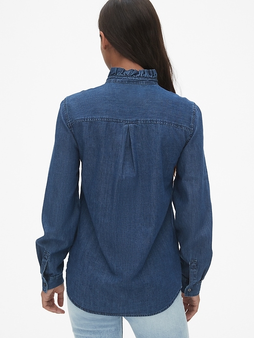 2 of 8 showing, with the color dark indigo of product Denim Ruffle-Trim Popover Shirt