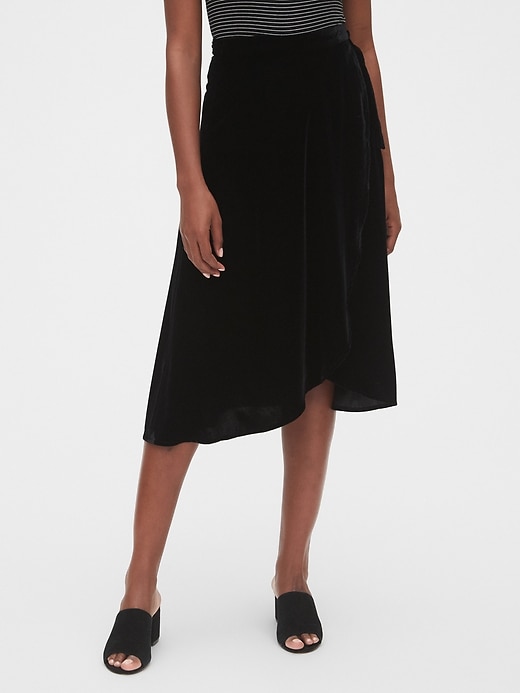 1 of 8 showing, with the color true black of product Velvet Wrap Midi Skirt