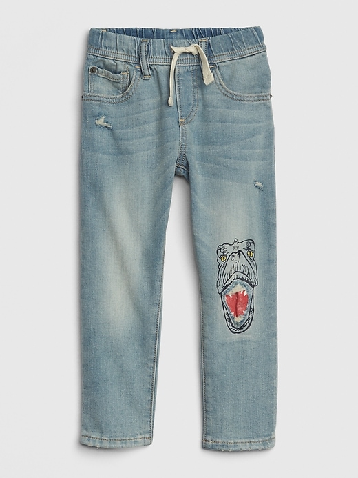 1 of 8 showing, with the color medium wash of product Toddler Dino Pull-On Slim Jeans with Stretch