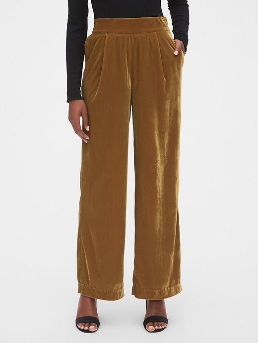 1 of 8 showing, with the color gold of product High Rise Velvet Pleated Wide-Leg Pants
