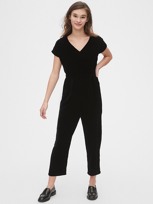 1 of 8 showing, with the color true black of product Velvet V-Neck Jumpsuit