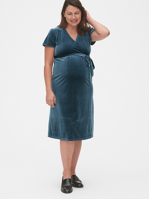 1 of 8 showing, with the color prussian blue of product Maternity Velvet Faux-Wrap Dress