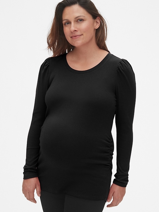 1 of 8 showing, with the color true black of product Maternity Cozy Puff Sleeve Crewneck T-Shirt