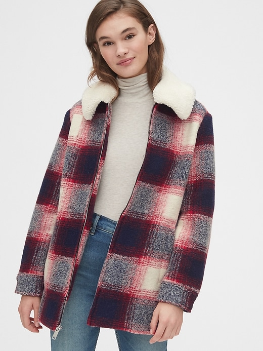 Image number 1 showing, Plaid Wool-Blend Coat with Detachable Sherpa Collar