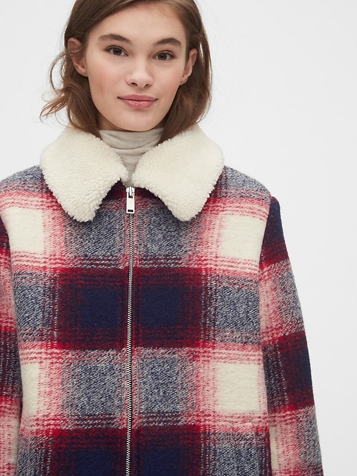 Image number 5 showing, Plaid Wool-Blend Coat with Detachable Sherpa Collar
