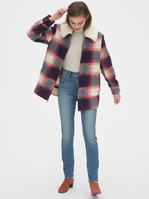 Image number 3 showing, Plaid Wool-Blend Coat with Detachable Sherpa Collar