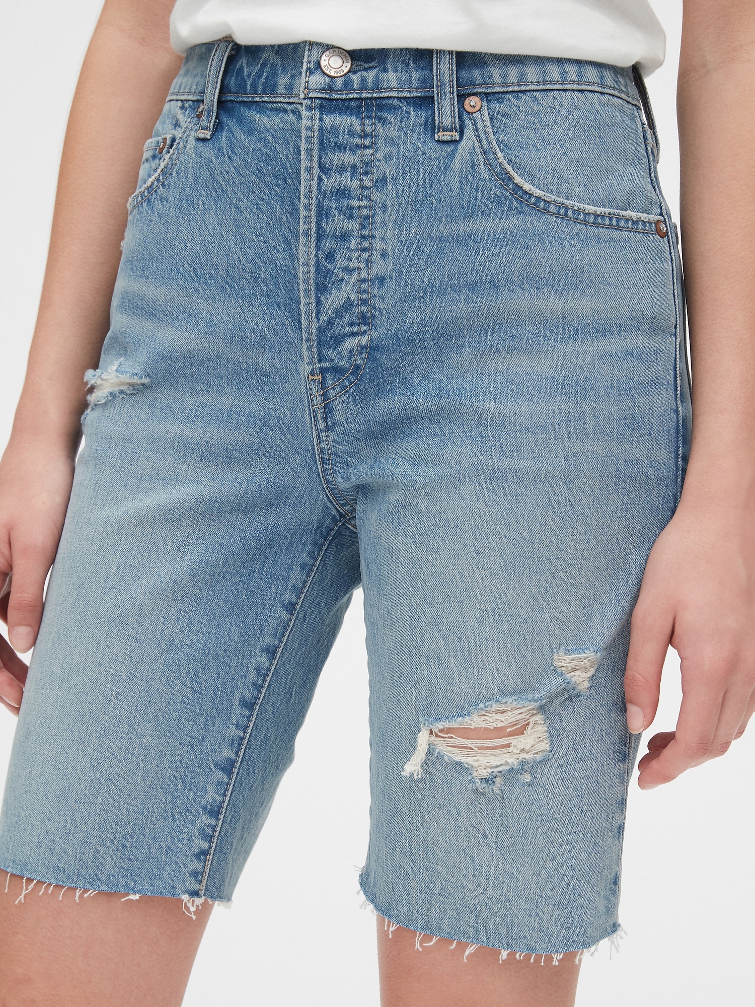 High Rise Distressed Denim Bermuda Shorts Gap