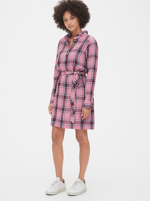 View large product image 1 of 1. Plaid Ruffle-Neck Popover Shirtdress