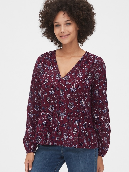 1 of 8 showing, with the color burgundy floral of product Floral Print Button-Front Peplum Top