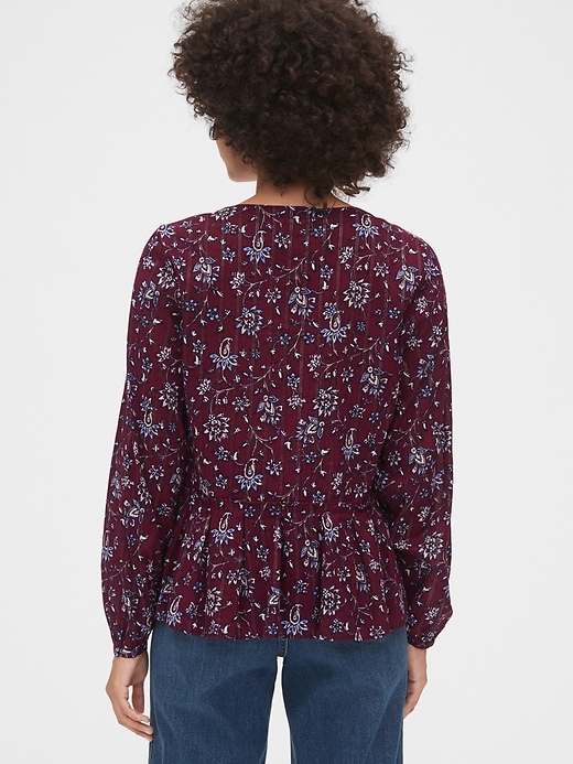 2 of 8 showing, with the color burgundy floral of product Floral Print Button-Front Peplum Top