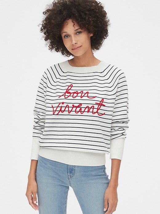 1 of 8 showing, with the color navy stripe of product Graphic Raglan Sweater