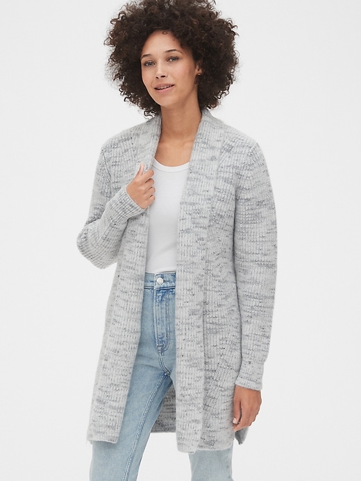 1 of 8 showing, with the color grey spacedye of product Spacedye Waffle-Knit Longline Cardigan Sweater