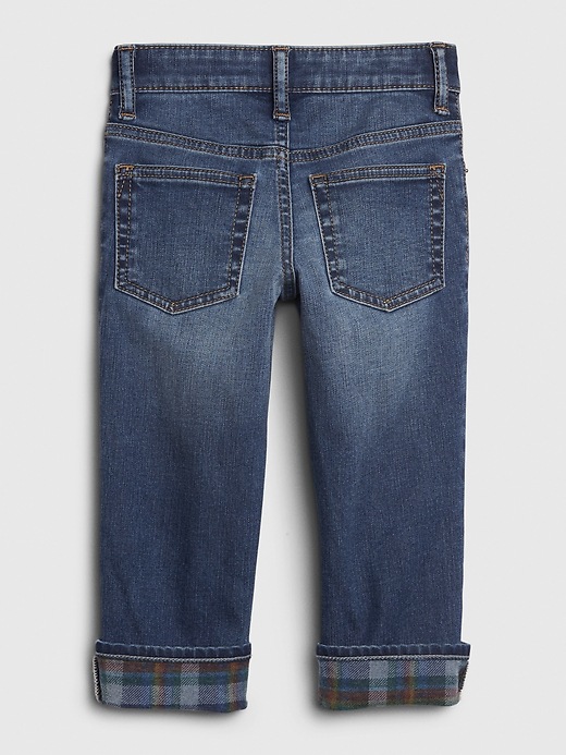 2 of 8 showing, with the color medium wash of product Toddler Plaid-Lined Straight Jeans with Stretch