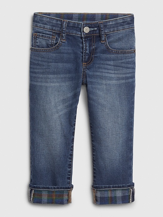 1 of 8 showing, with the color medium wash of product Toddler Plaid-Lined Straight Jeans with Stretch