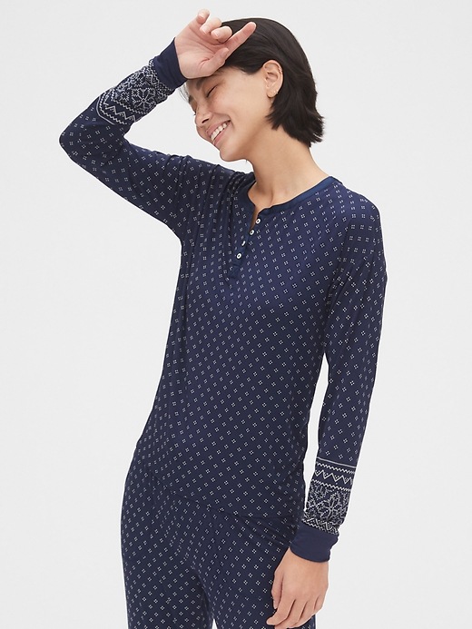 1 of 8 showing, with the color navy blue fairisle of product Truesleep Print Modal Henley Top