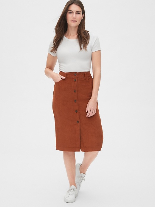 2 of 8 showing, with the color copper spice brown of product Corduroy Button-Front Midi Skirt
