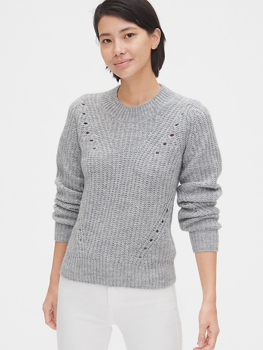 1 of 8 showing, with the color light heather grey of product Brushed Wool-Blend Pointelle Crewneck Sweater