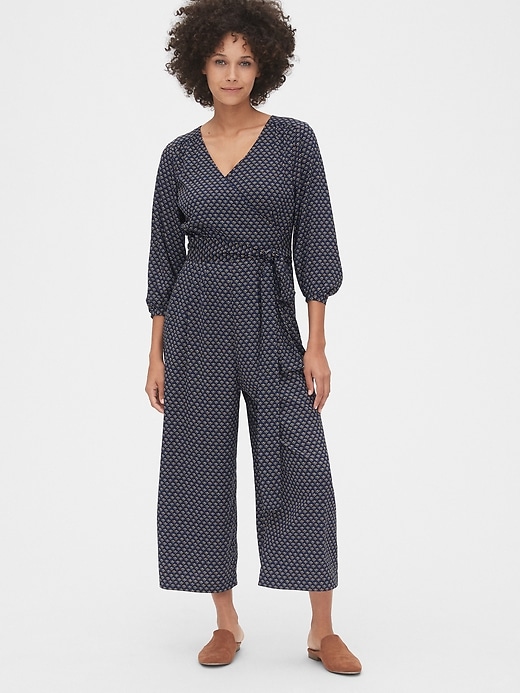 1 of 8 showing, with the color navy print of product Wide-Leg Wrap Jumpsuit