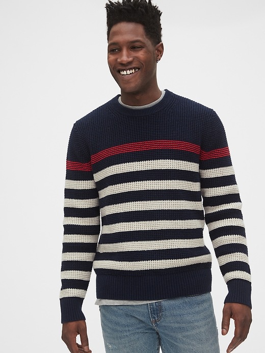 Image number 1 showing, Waffle Stitch Chest Stripe Crewneck Sweater