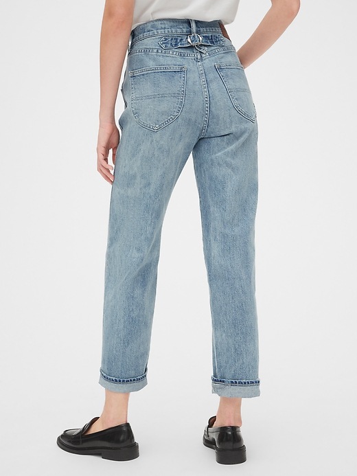 Image number 5 showing, High Rise Distressed Straight Leg Jeans with Buckle-Back