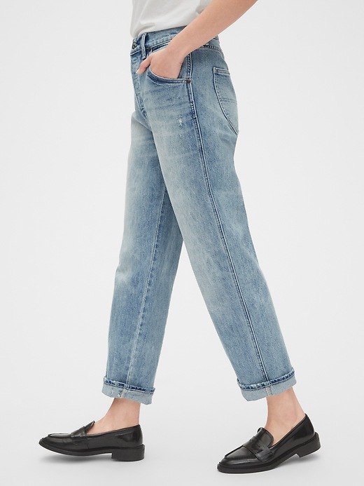 Image number 7 showing, High Rise Distressed Straight Leg Jeans with Buckle-Back