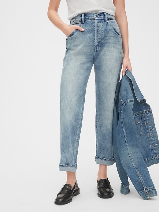 Image number 1 showing, High Rise Distressed Straight Leg Jeans with Buckle-Back