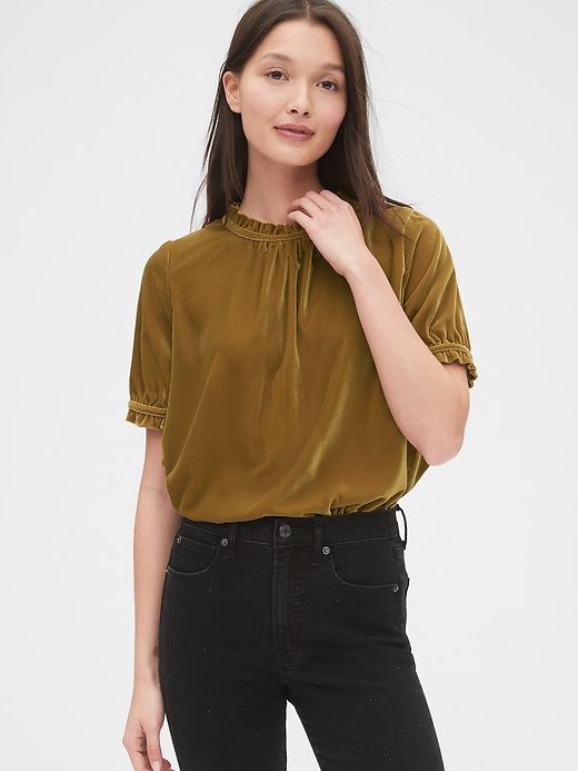View large product image 1 of 1. Velvet Ruffle-Neck Top