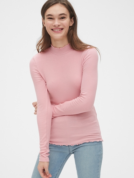 1 of 8 showing, with the color pink standard of product Lettuce-Edge Ribbed Mockneck Top