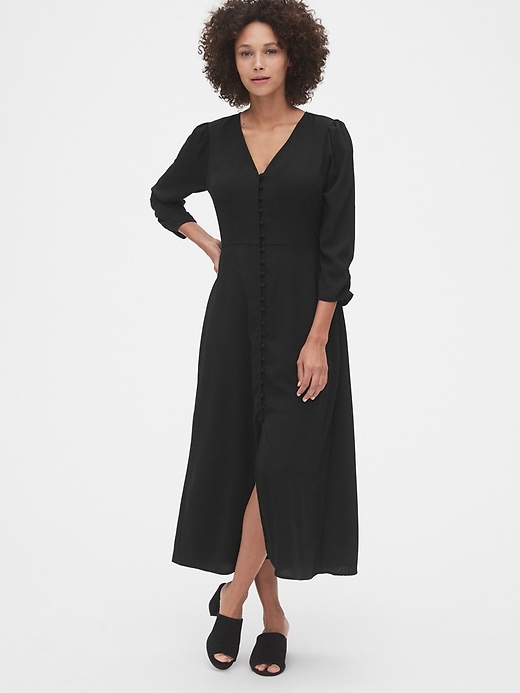 1 of 8 showing, with the color true black of product Puff Sleeve Button-Front Midi Dress