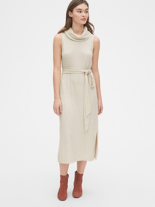 1 of 8 showing, with the color anchorage cream of product Softspun Turtleneck Tie-Belt Midi Dress