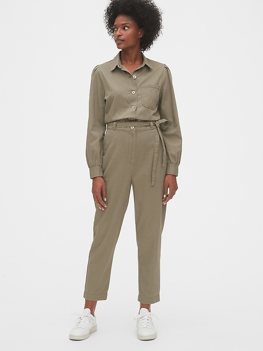 1 of 8 showing, with the color sage green of product Puff-Sleeve Utility Jumpsuit