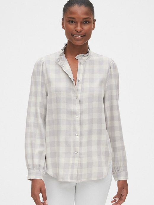 1 of 8 showing, with the color grey plaid of product Plaid Ruffle-Neck Shirt