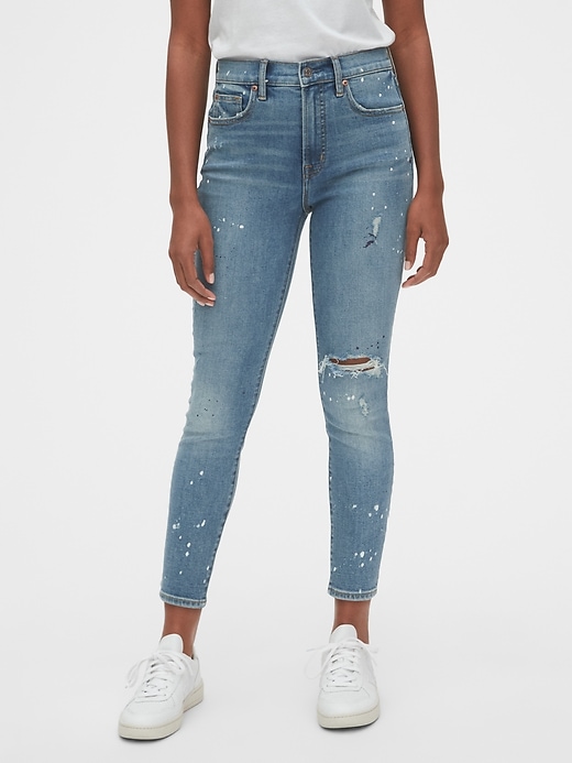 1 of 8 showing, with the color medium indigo of product High Rise Destructed True Skinny Ankle Jeans with Secret Smoothing Pockets