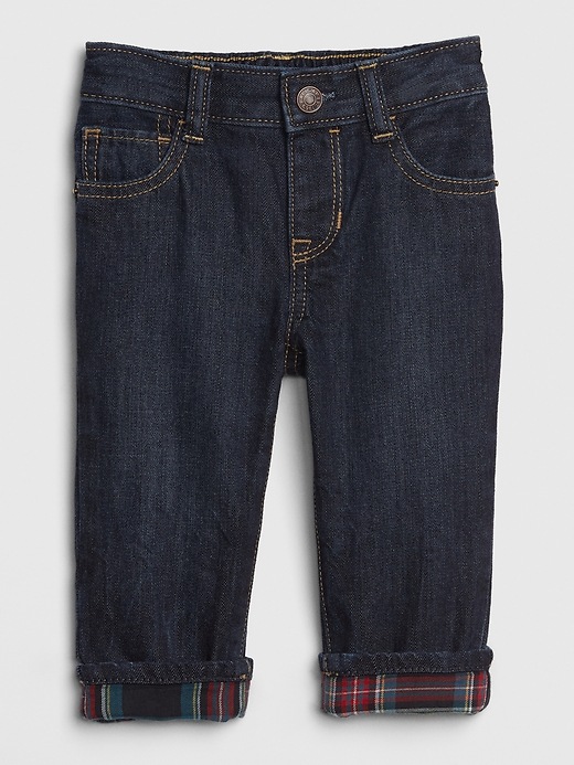 1 of 8 showing, with the color dark wash indigo of product Baby Flannel-Lined Straight Jeans