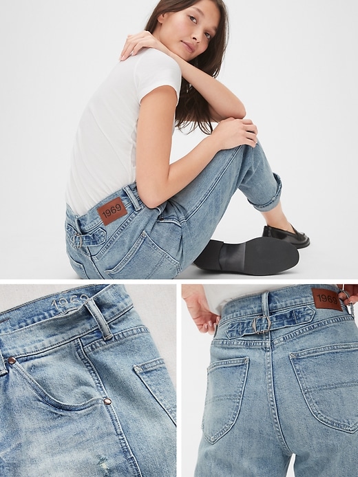 2 of 8 showing, with the color authentic repair of product High Rise Distressed Straight Leg Jeans with Buckle-Back