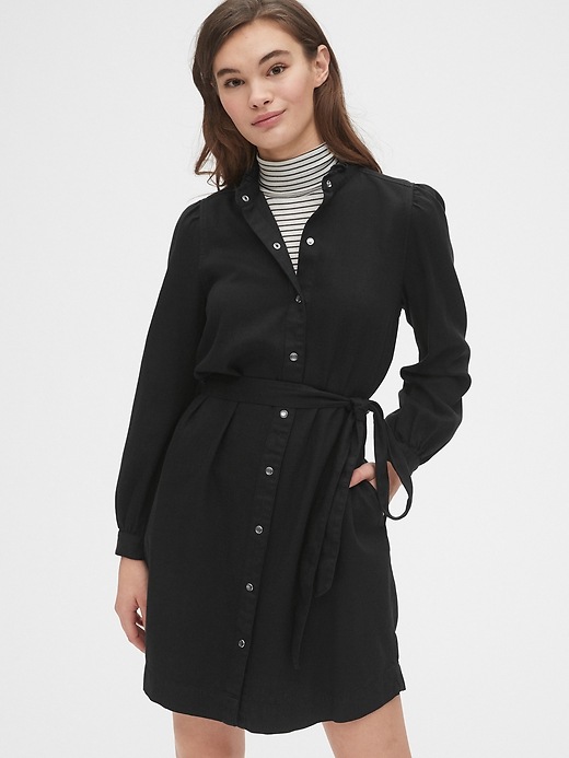 1 of 8 showing, with the color true black of product Puff Sleeve Ruffle-Neck Shirtdress