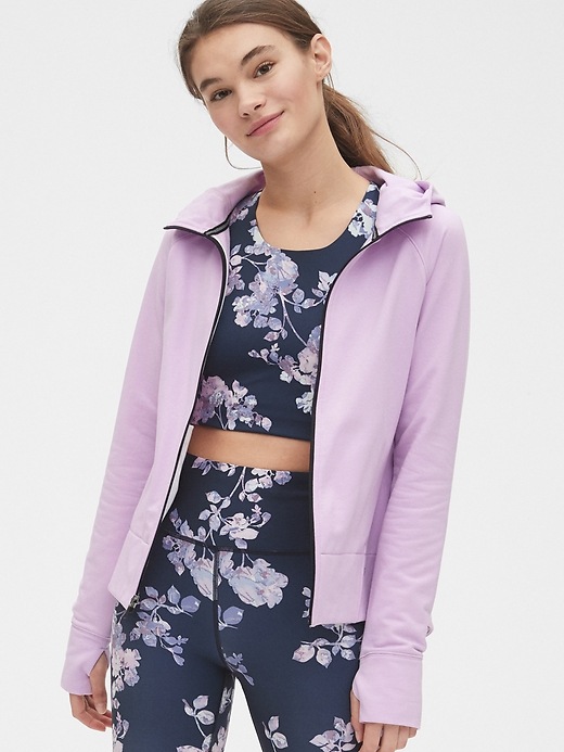 1 of 8 showing, with the color nostalgic purple lavender of product GapFit All Elements Hoodie
