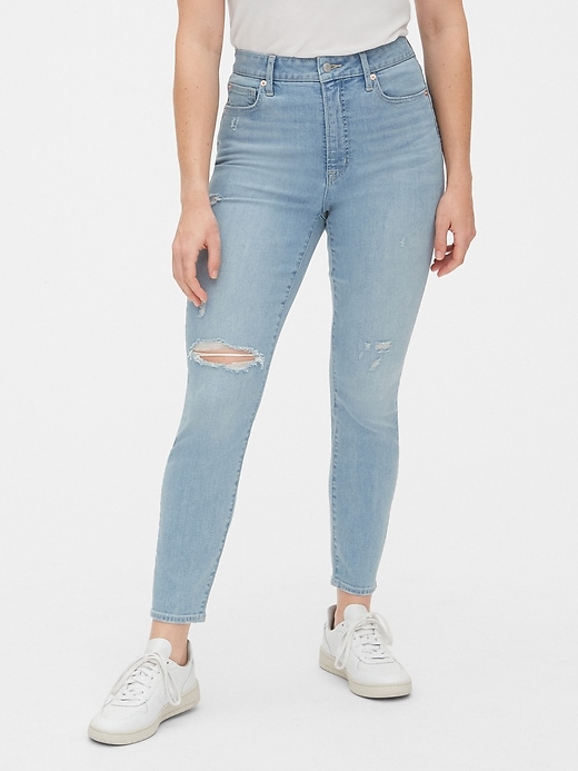 1 of 8 showing, with the color light destroy of product High Rise Curvy Distressed True Skinny Ankle Jeans with Secret Smoothing Pockets