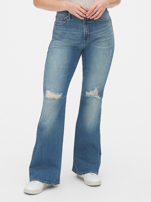 1 of 8 showing, with the color medium destroy of product High Rise Distressed Flare Jeans with Secret Smoothing Pockets