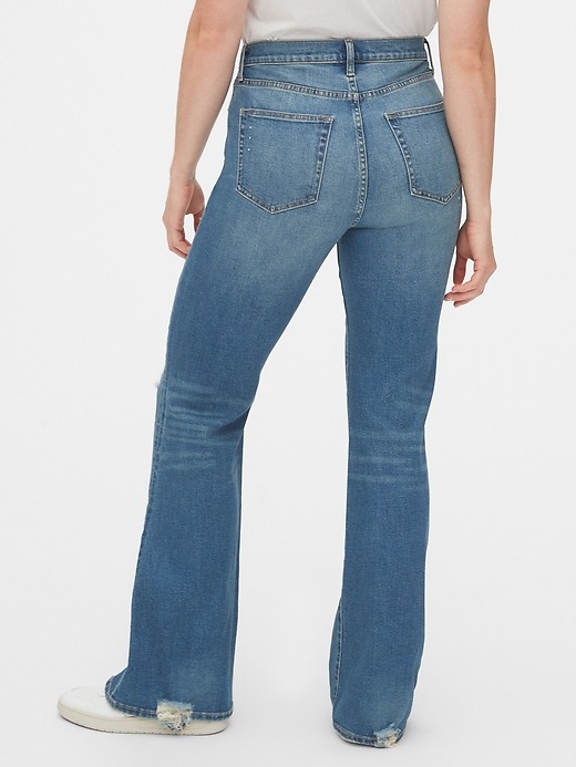 2 of 8 showing, with the color medium destroy of product High Rise Distressed Flare Jeans with Secret Smoothing Pockets