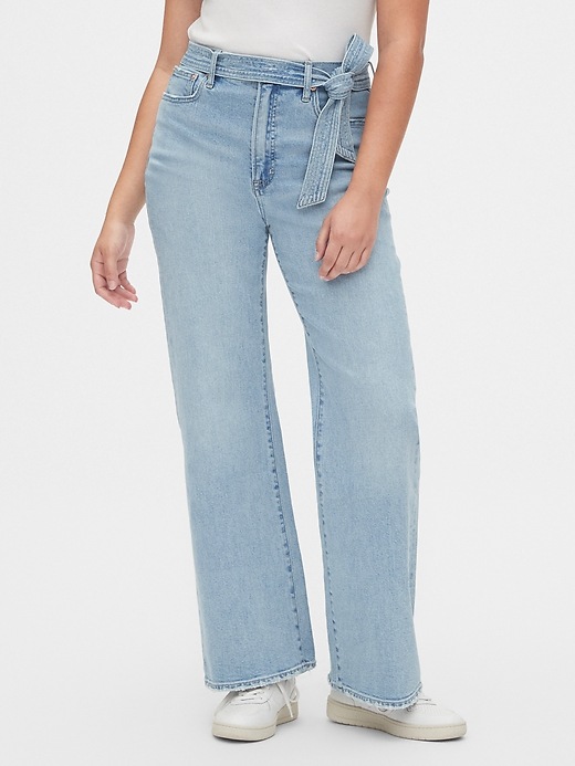 1 of 8 showing, with the color light indigo of product High Rise Tie-Belt Denim Trousers with Secret Smoothing Pockets