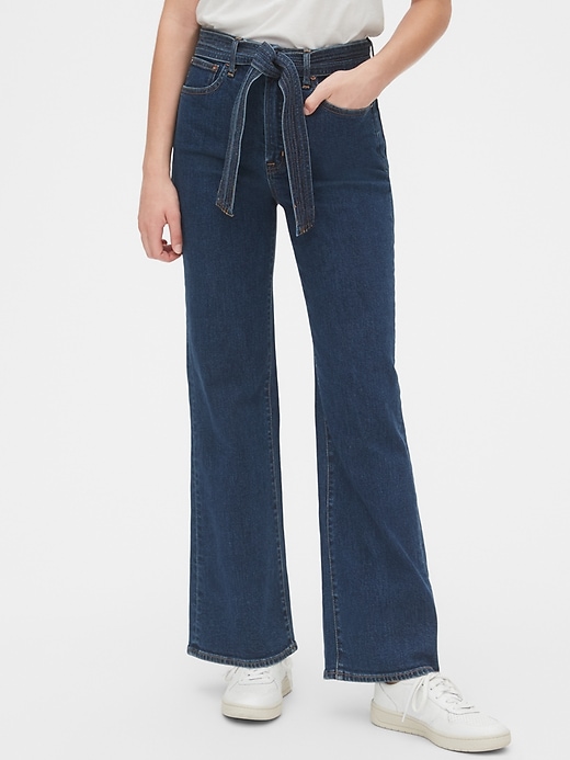 Image number 6 showing, High Rise Tie-Belt Denim Trousers with Secret Smoothing Pockets