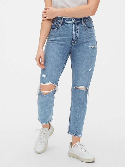 1 of 8 showing, with the color medium destructed of product High Rise Destructed Cigarette Jeans with Secret Smoothing Pockets