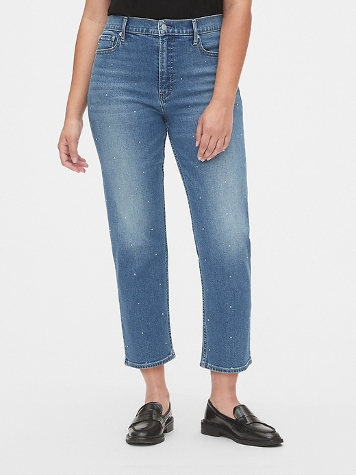 1 of 8 showing, with the color medium indigo of product High Rise Studded Cheeky Straight Jeans with Secret Smoothing Pockets