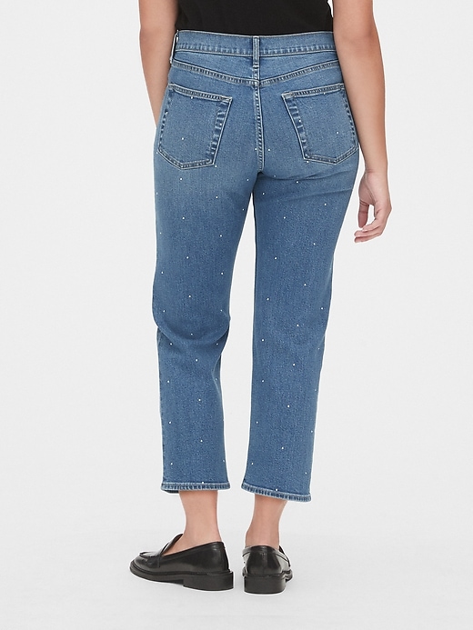 2 of 8 showing, with the color medium indigo of product High Rise Studded Cheeky Straight Jeans with Secret Smoothing Pockets