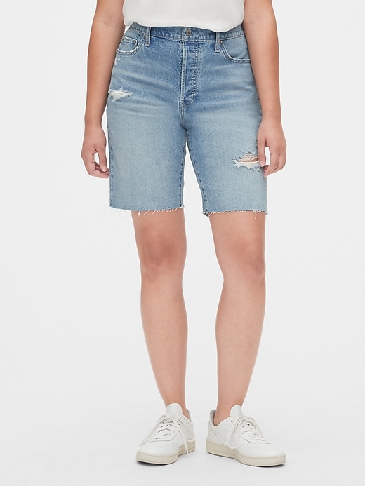 1 of 8 showing, with the color light indigo of product High Rise Distressed Denim Bermuda Shorts