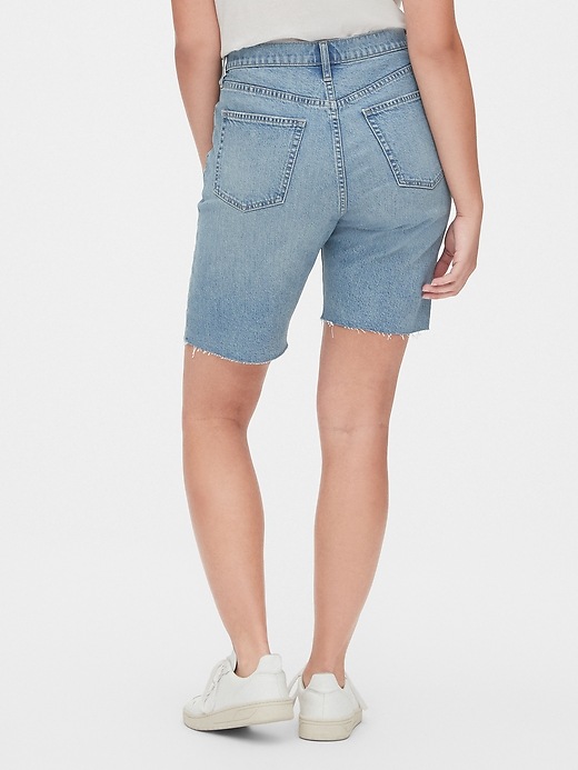 2 of 8 showing, with the color light indigo of product High Rise Distressed Denim Bermuda Shorts