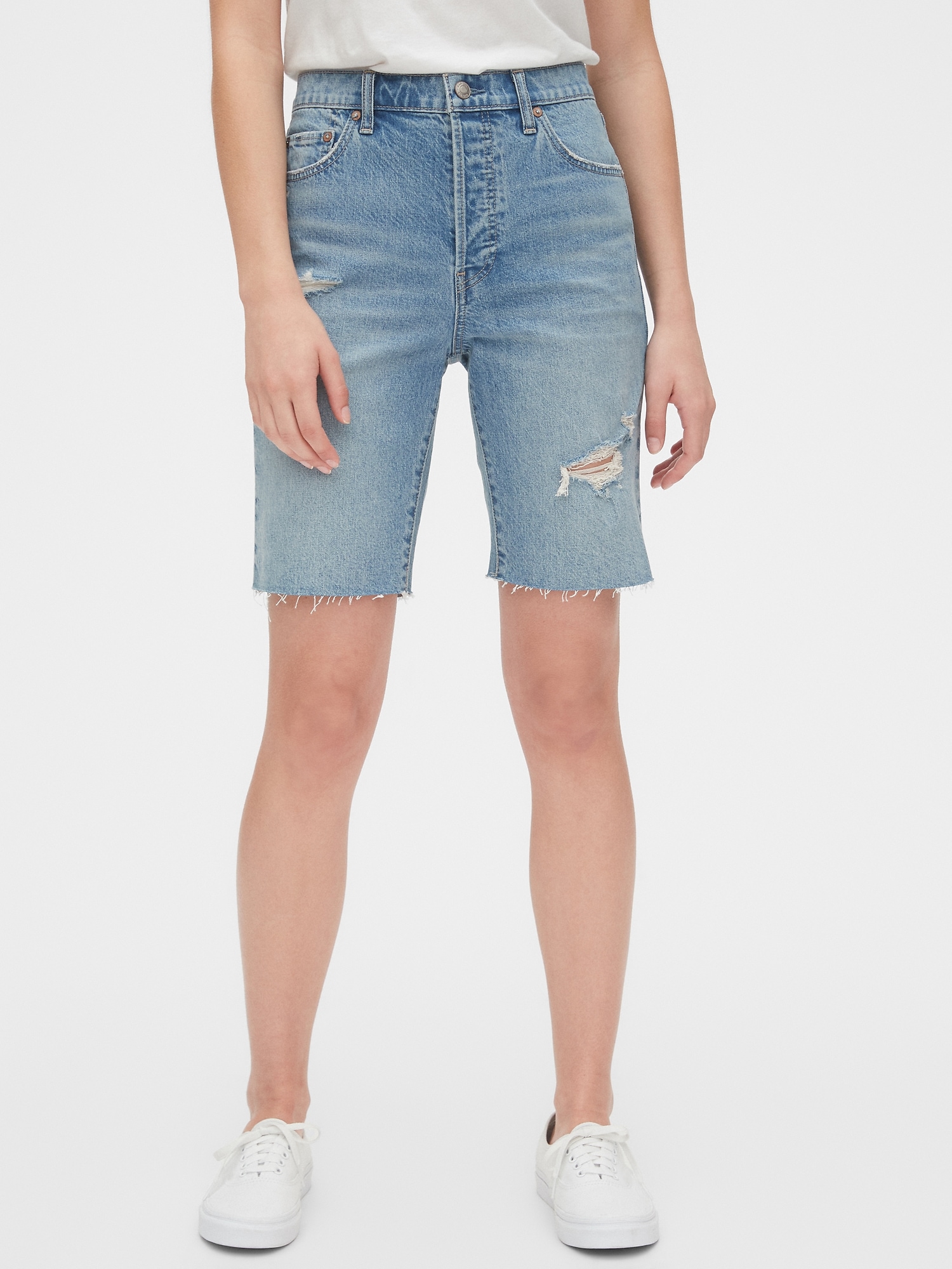 High Rise Distressed Denim Bermuda Shorts | Gap